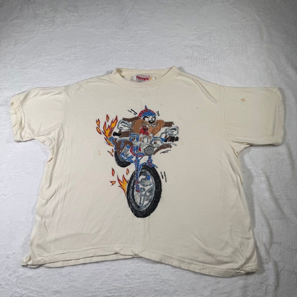 Vintage Energie Taz Tasmanian Devil Motorcycle T-Shirt, Cream, Y2K Looney Tunes